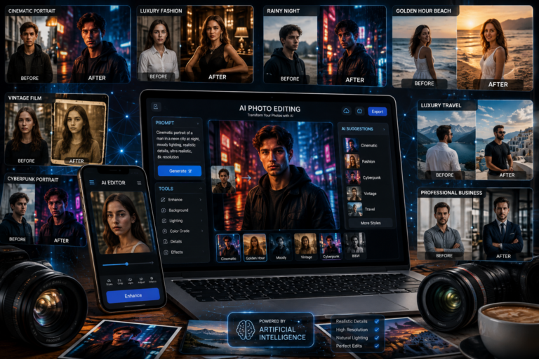 Top 10 viral photo editing prompts for creating cinematic, realistic, luxury, vintage, and AI-enhanced images.