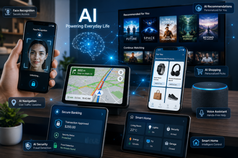 Person using everyday artificial intelligence through a smartphone, navigation app, online shopping, streaming services, voice assistant, and smart home devices.