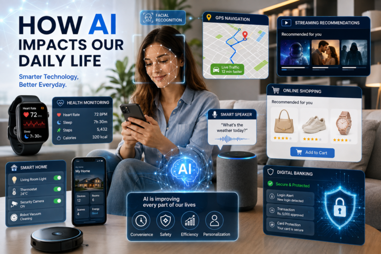 Illustration showing how AI impacts daily life through smartphones, smart homes, online shopping, healthcare, navigation, streaming services, and digital banking.