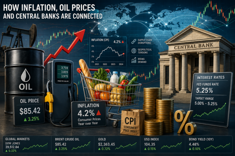 Illustration showing the connection between inflation, rising oil prices, and central bank interest rate decisions in the global economy.