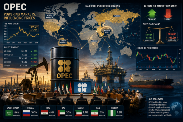 Editorial illustration showing OPEC's influence on global oil prices through oil production, supply, demand, and international energy markets.
