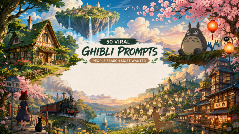 50 viral Ghibli prompts creating magical AI artwork with enchanted forests, cozy villages, floating islands, and watercolor-style landscapes.