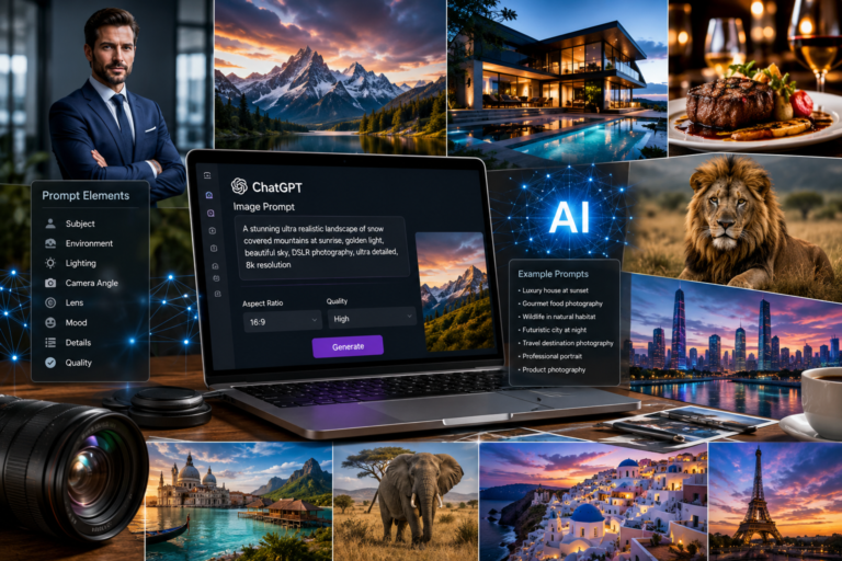 50 realistic ChatGPT image prompts for creating photorealistic AI-generated images across portraits, landscapes, architecture, food, travel, and creative scenes.