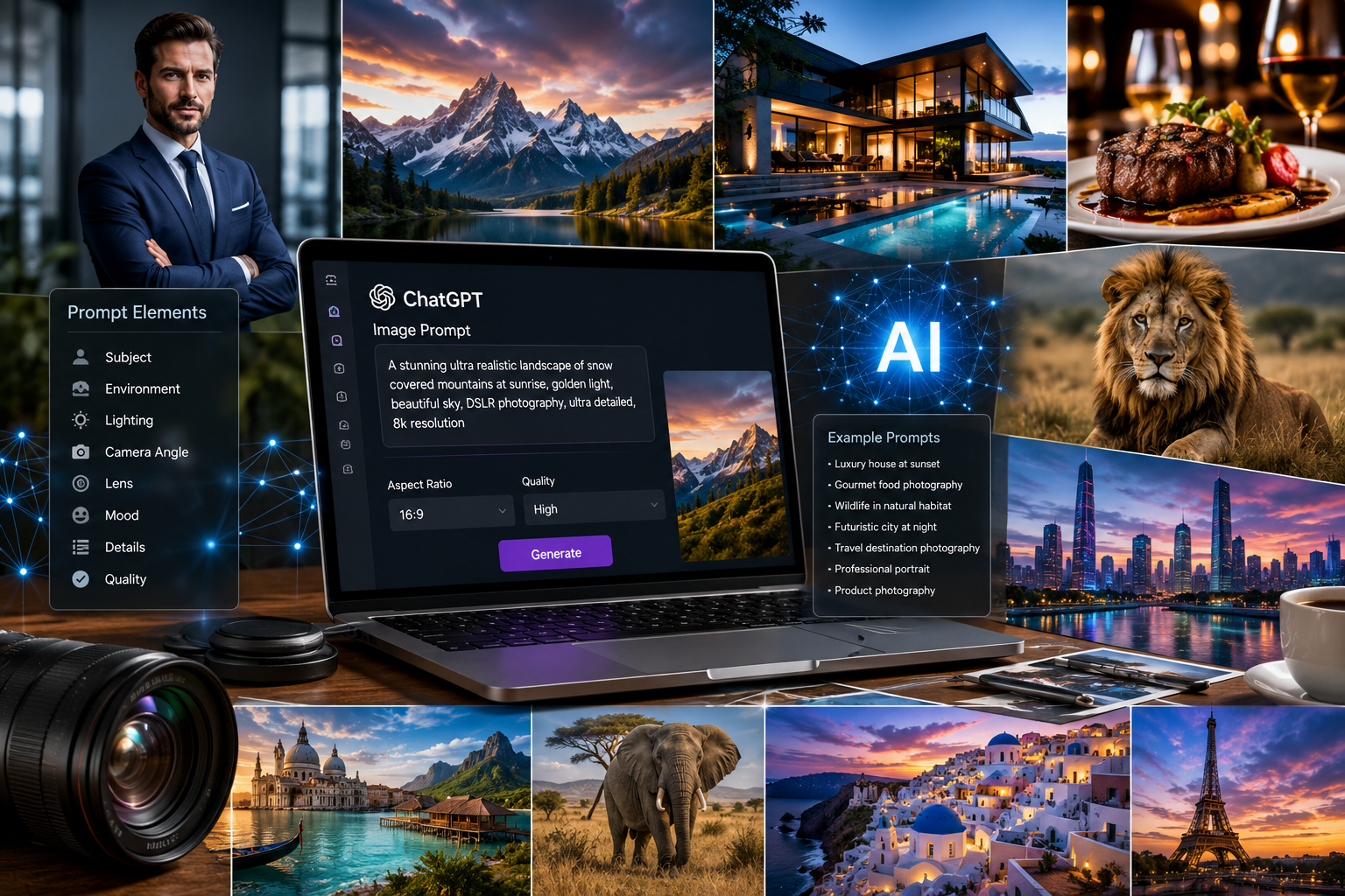 50 realistic ChatGPT image prompts for creating photorealistic AI-generated images across portraits, landscapes, architecture, food, travel, and creative scenes.