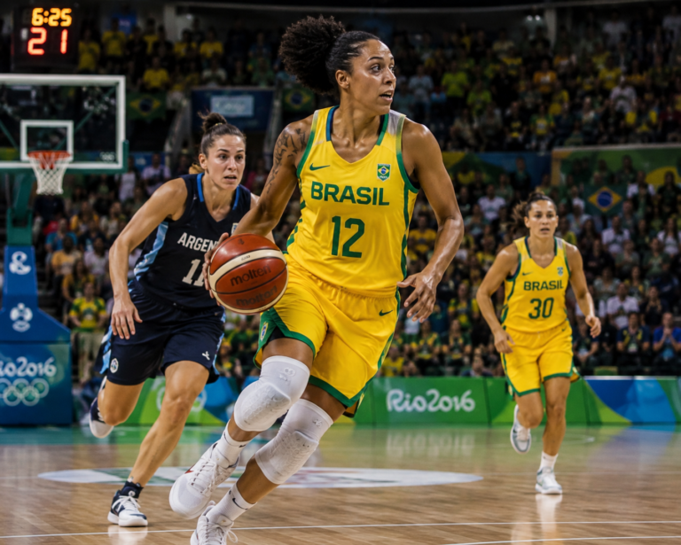 Damiris Dantas representing Brazil during an Olympic women's basketball game.