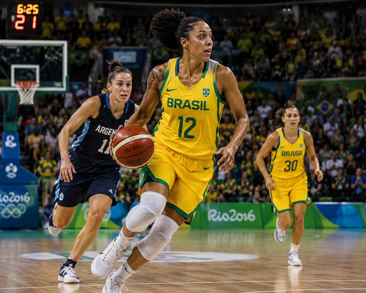 Damiris Dantas representing Brazil during an Olympic women's basketball game.