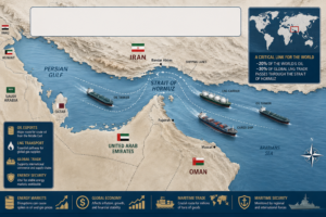 Editorial map of the Strait of Hormuz showing its location, major shipping lanes, and importance to global oil trade and maritime commerce.