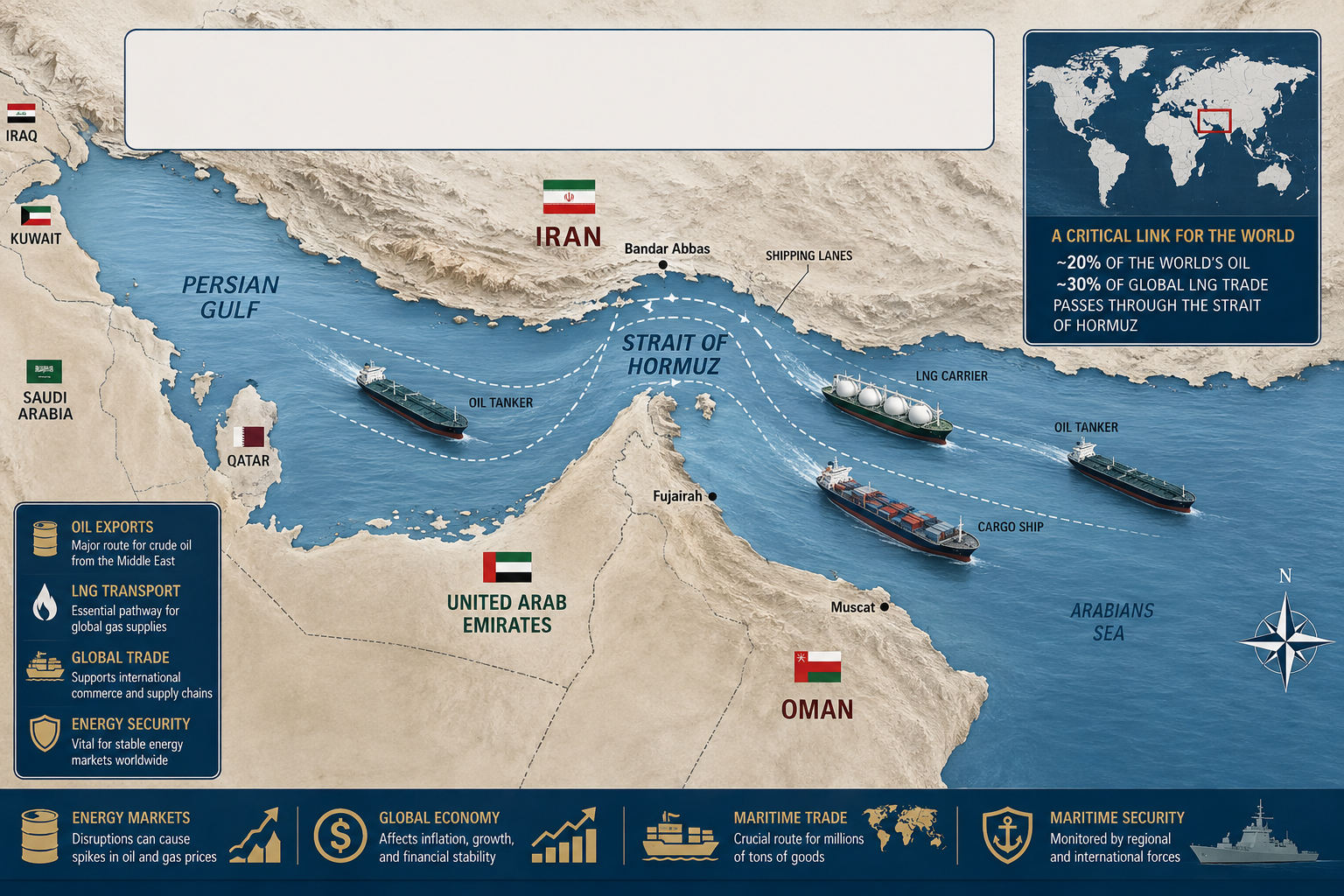 Editorial map of the Strait of Hormuz showing its location, major shipping lanes, and importance to global oil trade and maritime commerce.