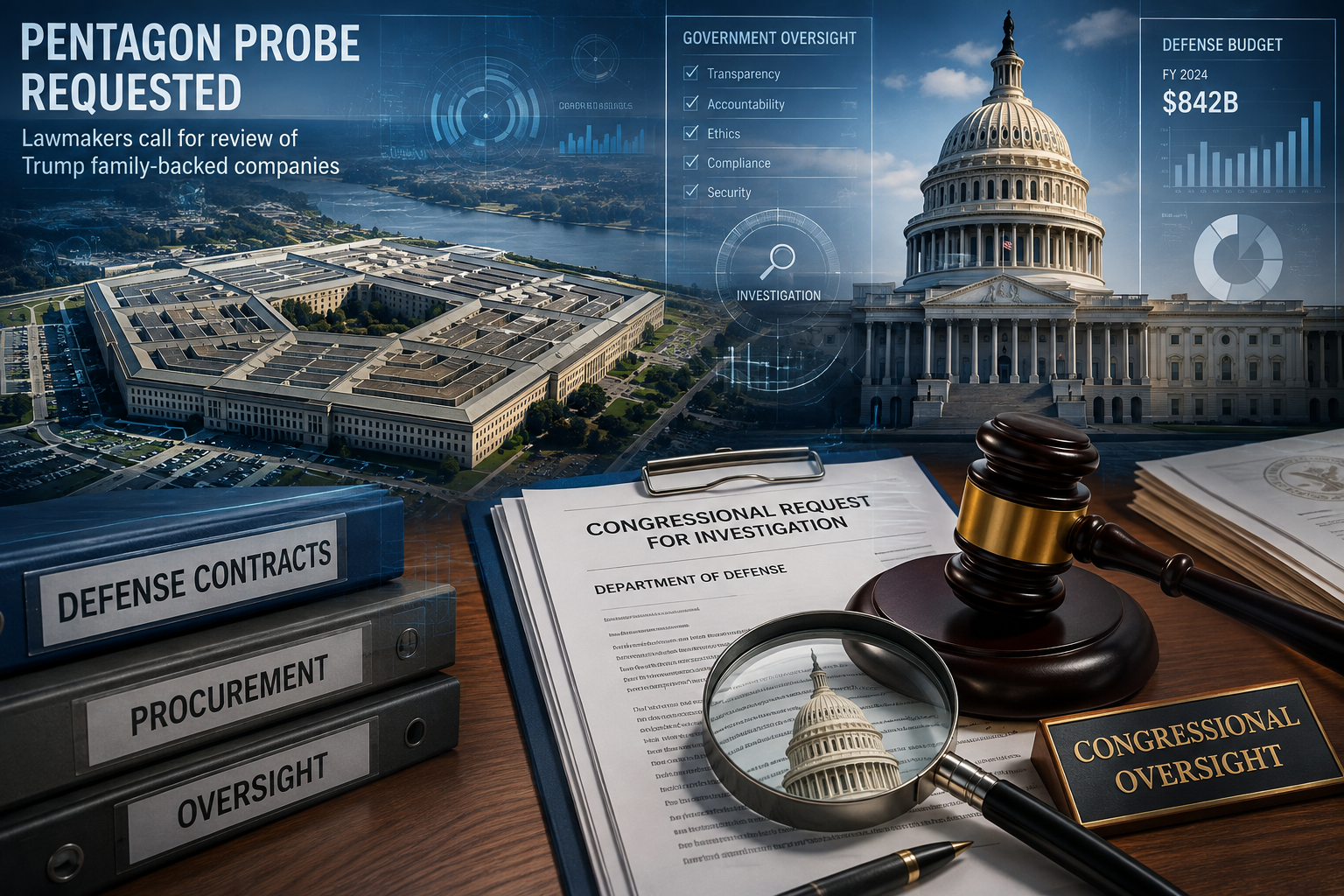 Editorial illustration showing the Pentagon, U.S. Capitol, and congressional oversight documents related to calls for a review of Trump family-backed companies.
