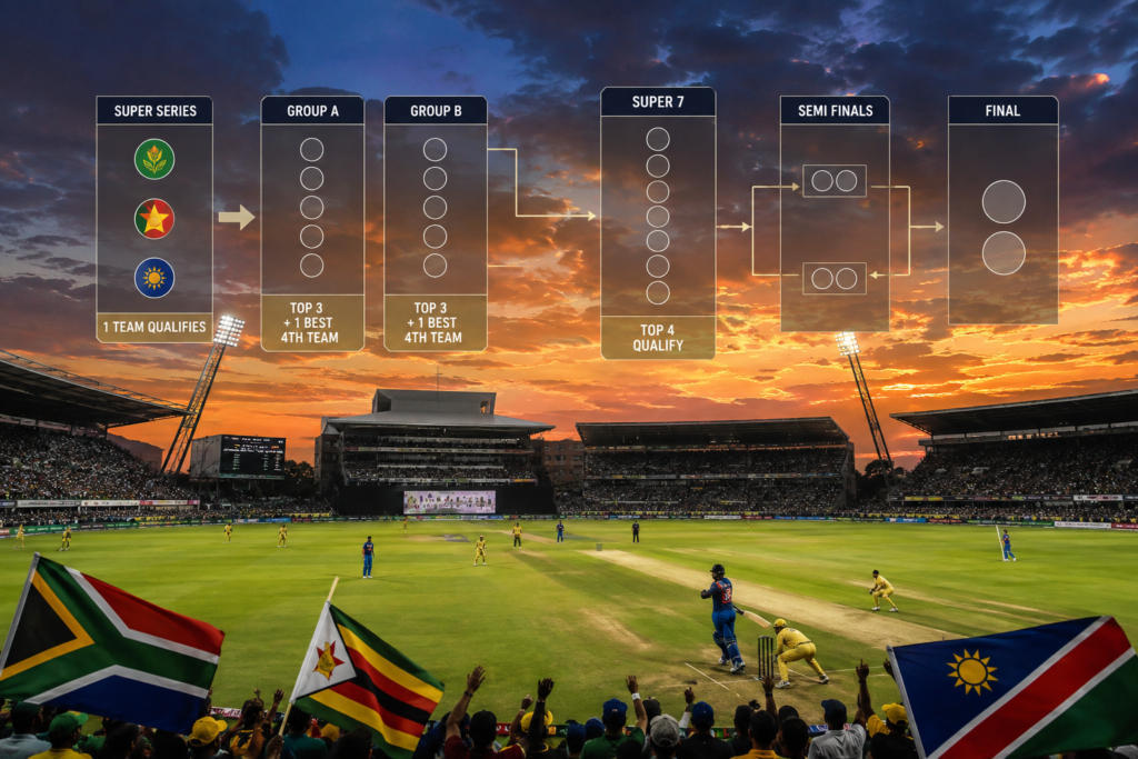 2027 Cricket World Cup format showing the Super Series, group stage and Super 7