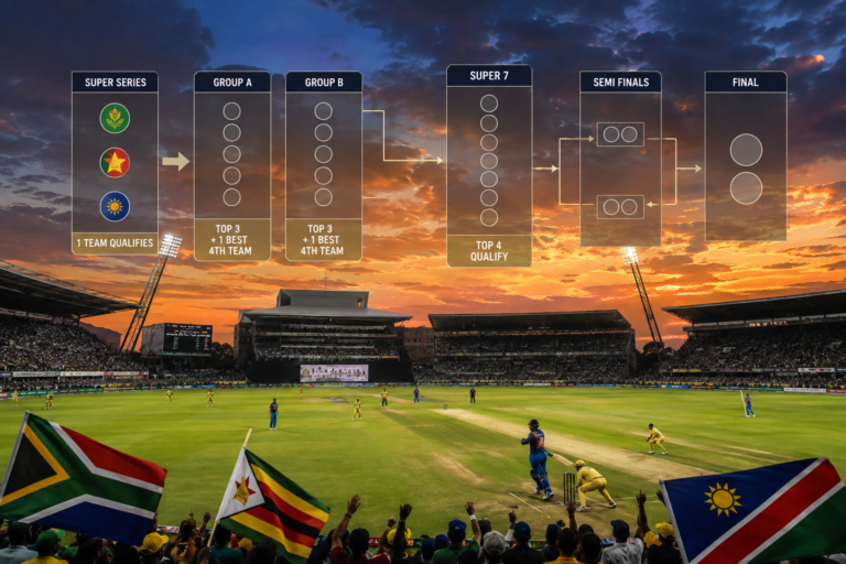 2027 Cricket World Cup format showing the Super Series, group stage and Super 7