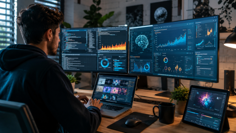 Modern professional working at a multi-screen desk with AI technology, SEO analytics, data dashboards, web development code, and digital marketing tools, representing the best online skills to learn in 2026.