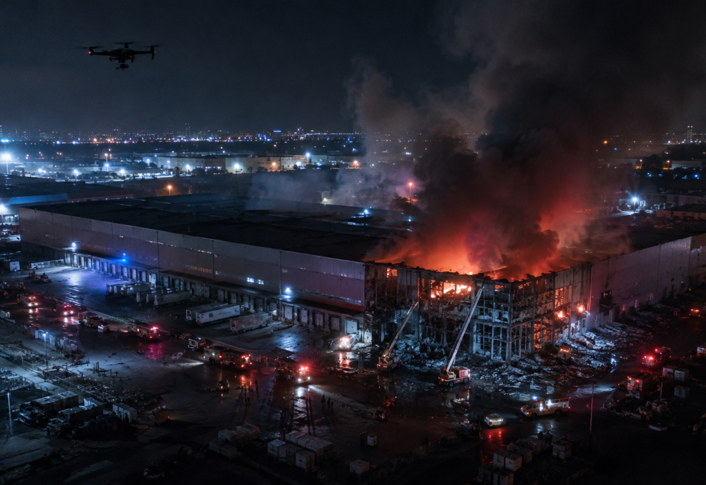 Drone attack aftermath at a logistics hub in Russia