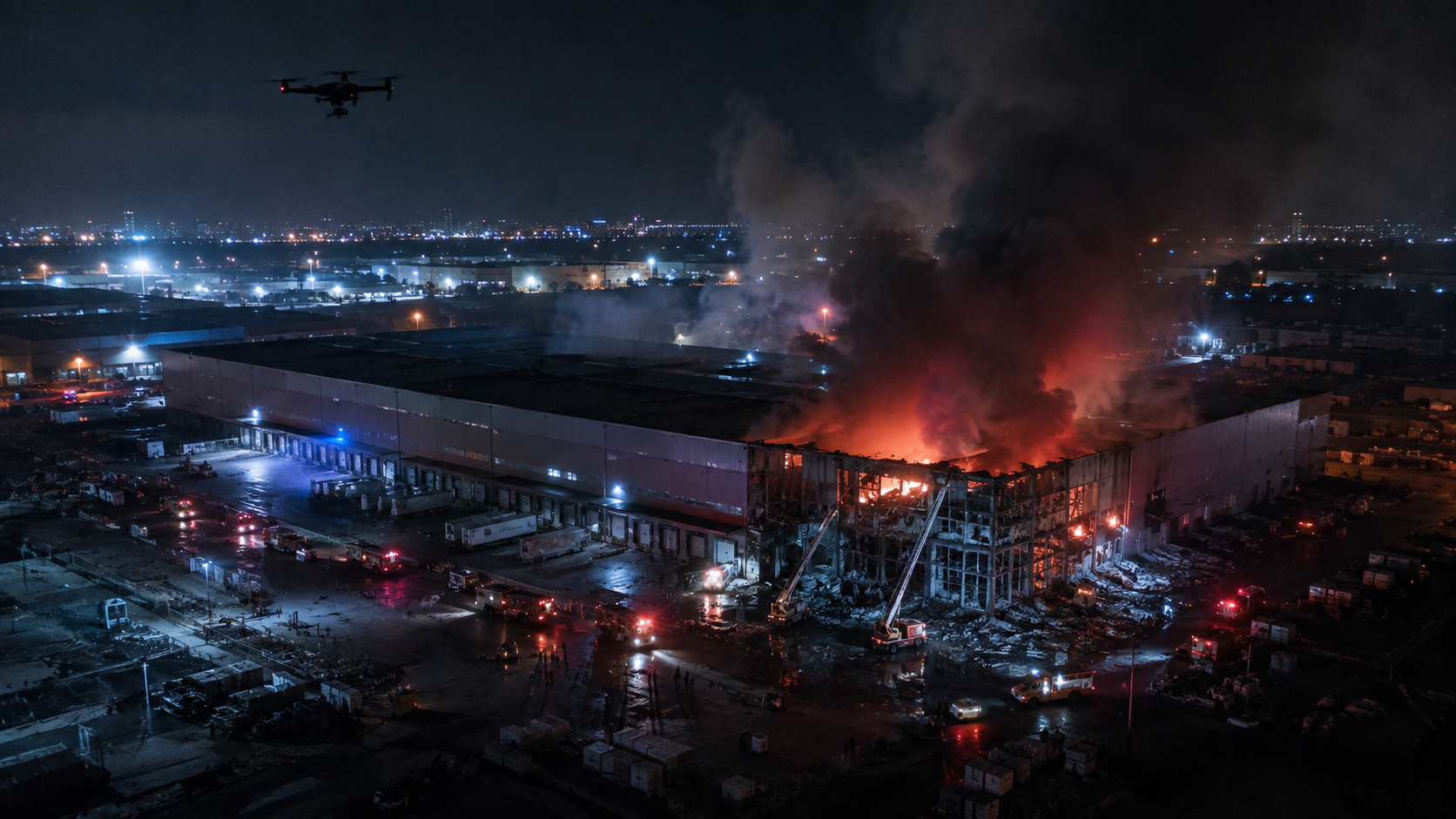 Drone attack aftermath at a logistics hub in Russia