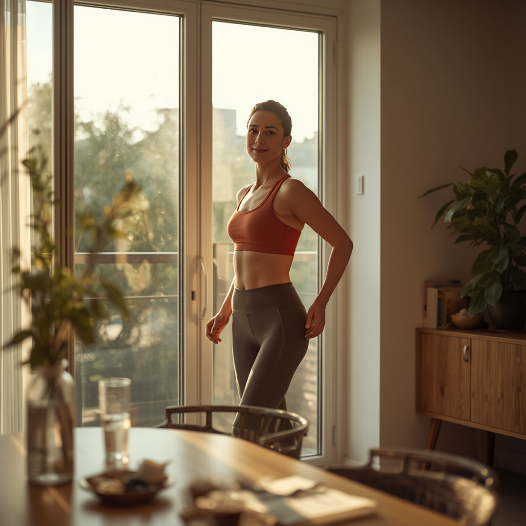 Person following healthy morning habits with sunlight, hydration, and movement for more energy